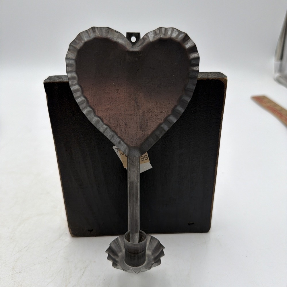 Vintage Tin Heart Reflector Crimped Wall Sconce Candle Holder Prim Folk Decor